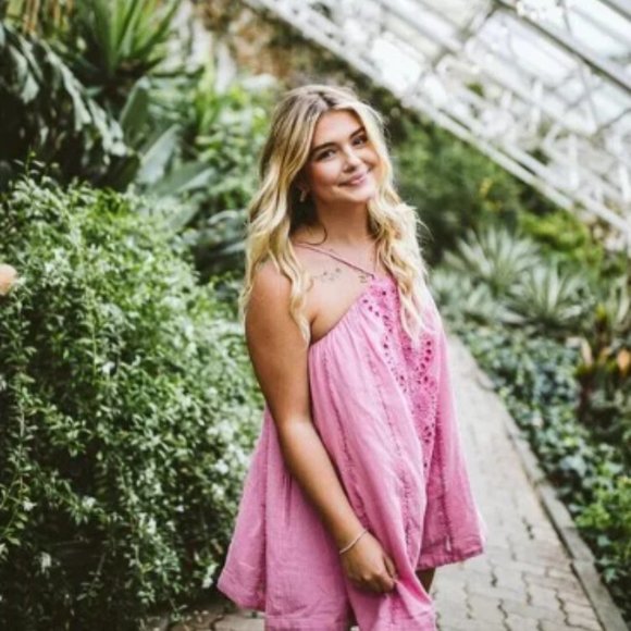 Free People Paloma Mini Dress Eyelet Embroidered Pink Halter Swing S NWT - Picture 2 of 5